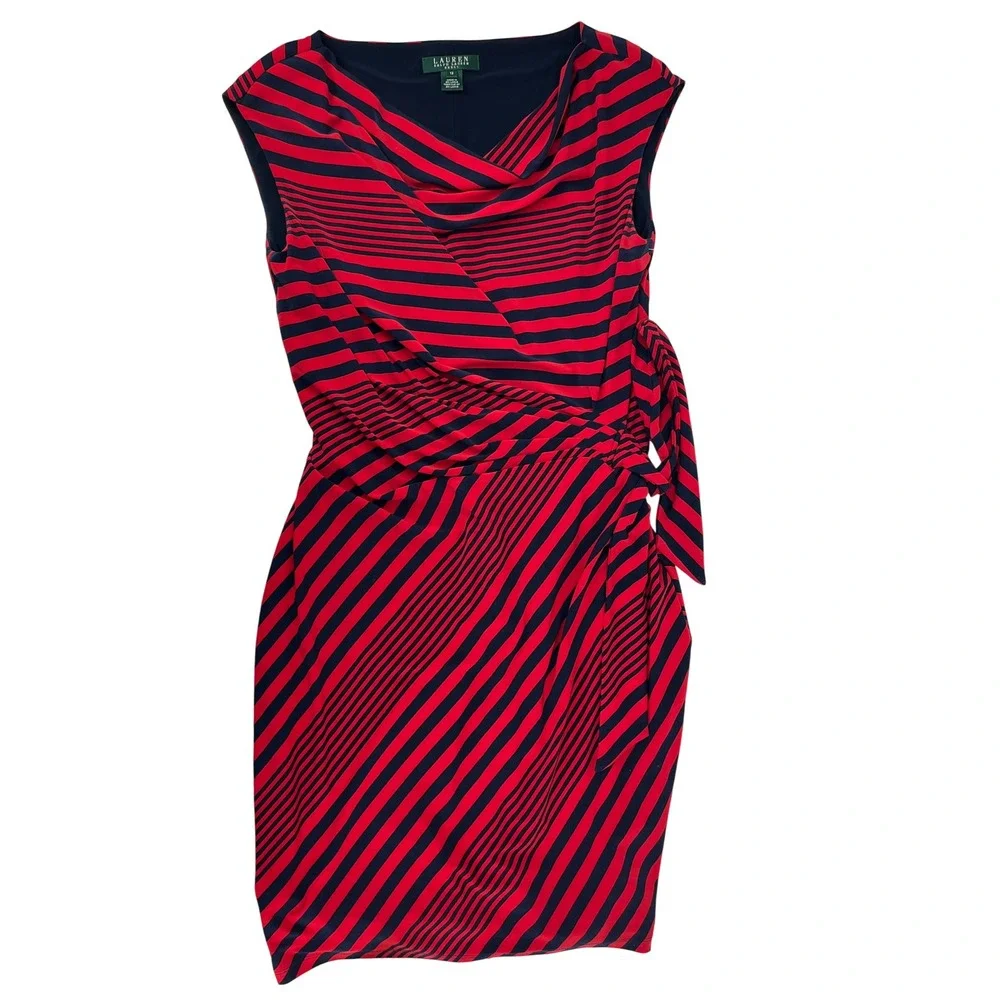 Lauren Ralph Lauren Red Navy Striped Cowl Neck Side Tie Sheath Dress 12 Slimming